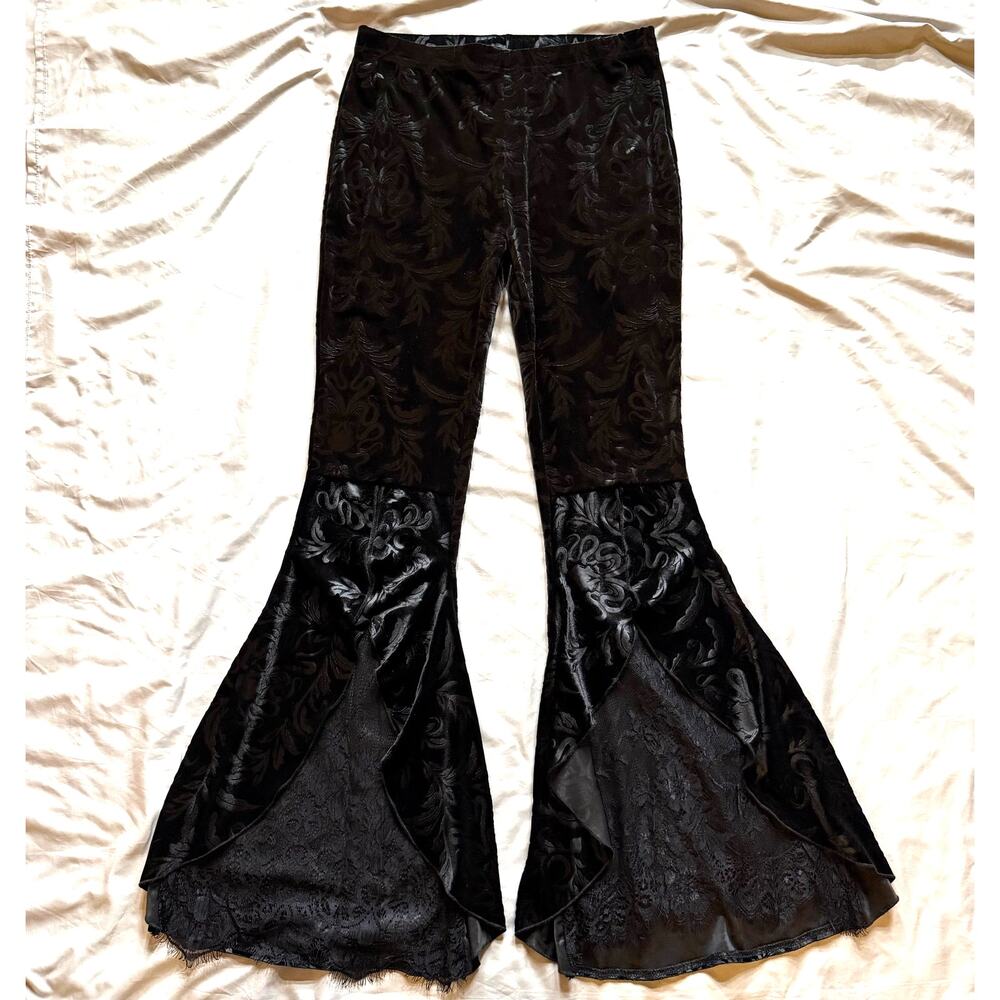 Black Velvet Damask Bell Bottom Pants Small/Medium Elastic Waist Lace Hem Boho - Picture 2 of 11